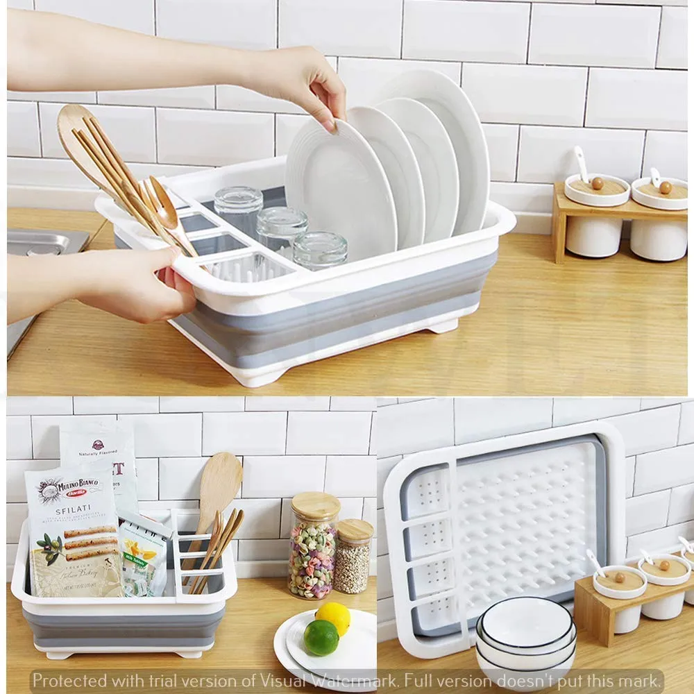 0629 Collapsible Folding Silicone Dish Drying Drainer Rack with Spoon Fork Knife Storage Holder (Brown Box)