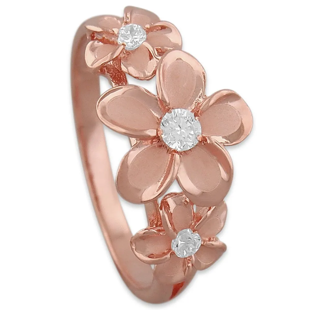 14kt Rose Gold Plated Sterling Silver Hawaiian Three Plumeria Ring Size 10