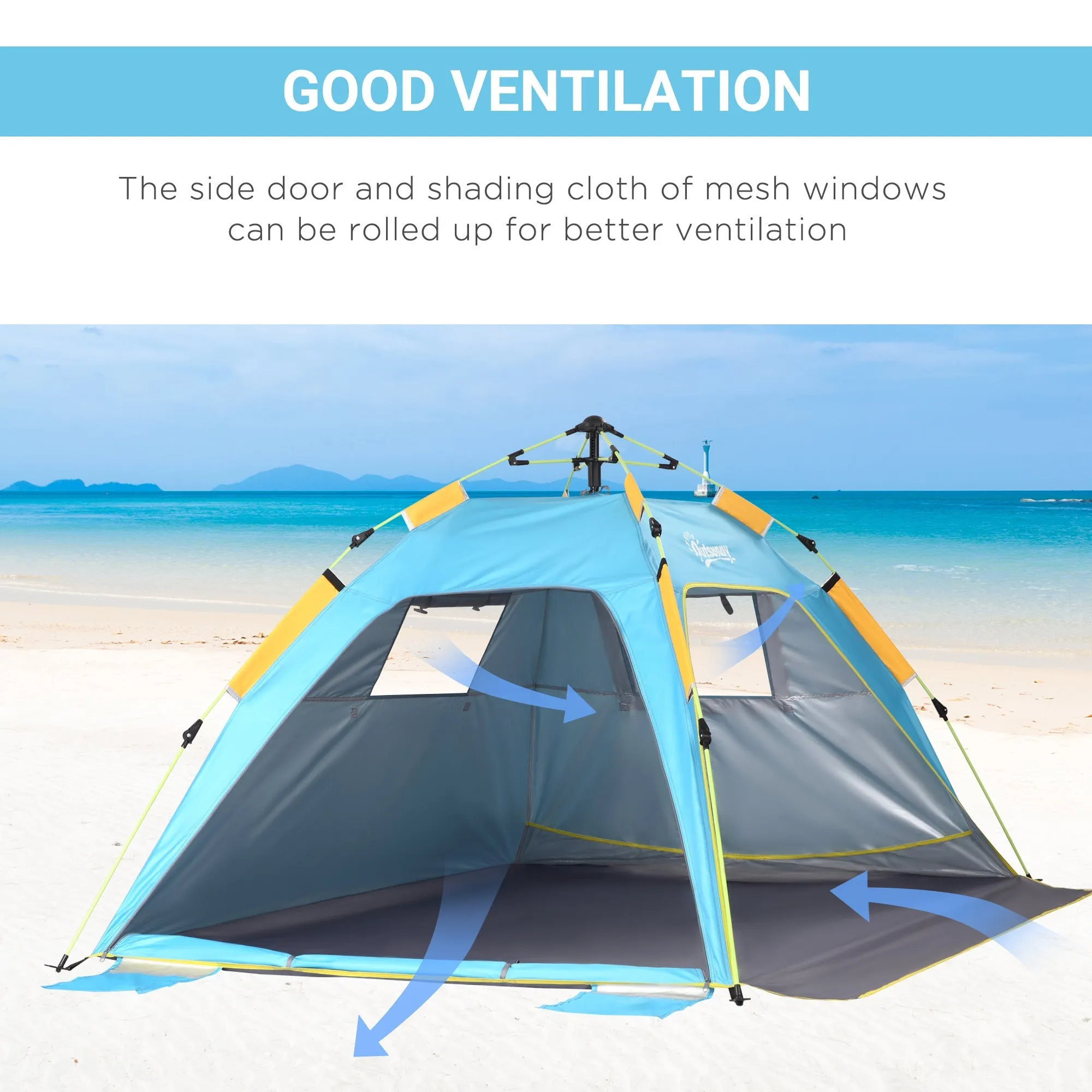 2 Man Pop-up Beach Tent Sun Shade Shelter Hut w/ Windows Doors Hook Sandbags UV Protection Waterproof Outdoor Adventure Garden Light Blue