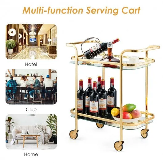 2 Tier Metal Frame Rolling Kitchen Cart with Glass Shelves