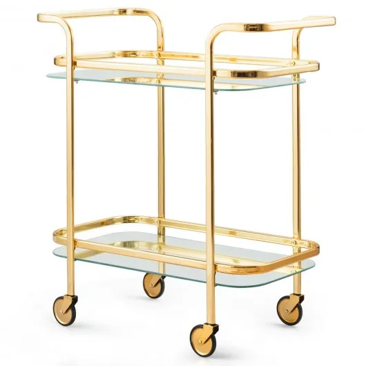 2 Tier Metal Frame Rolling Kitchen Cart with Glass Shelves