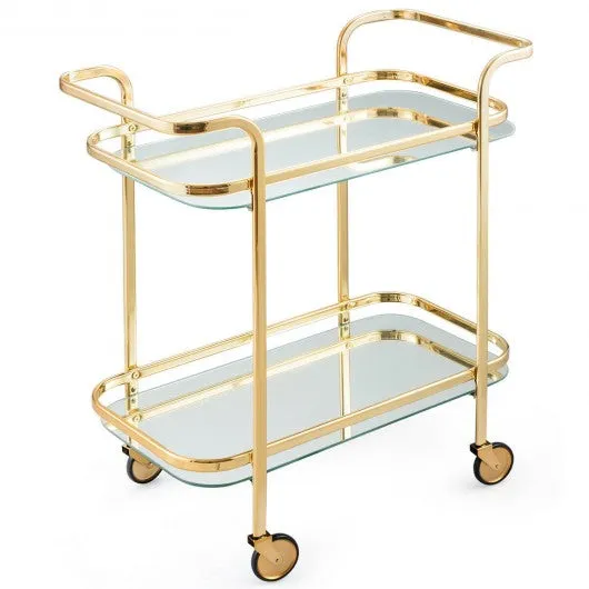 2 Tier Metal Frame Rolling Kitchen Cart with Glass Shelves