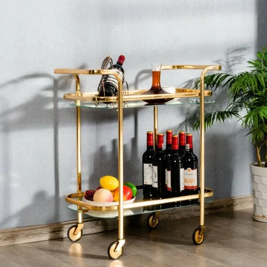 2 Tier Metal Frame Rolling Kitchen Cart with Glass Shelves