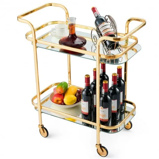 2 Tier Metal Frame Rolling Kitchen Cart with Glass Shelves