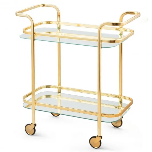 2 Tier Metal Frame Rolling Kitchen Cart with Glass Shelves