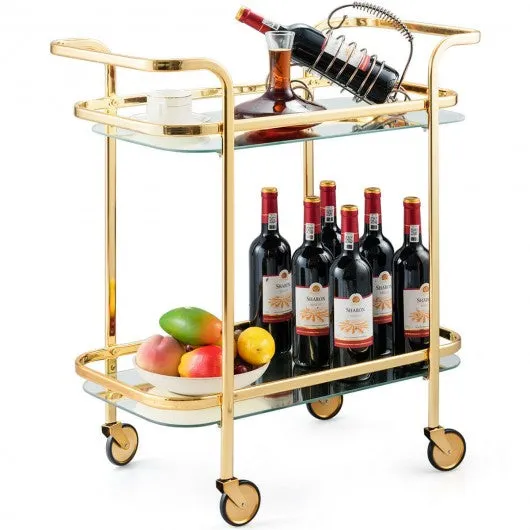 2 Tier Metal Frame Rolling Kitchen Cart with Glass Shelves