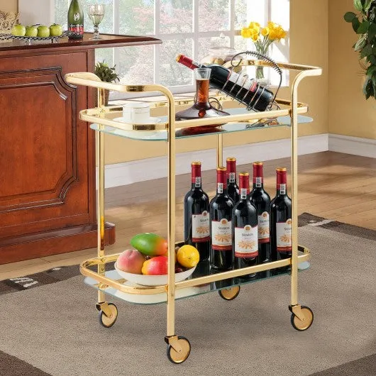 2 Tier Metal Frame Rolling Kitchen Cart with Glass Shelves