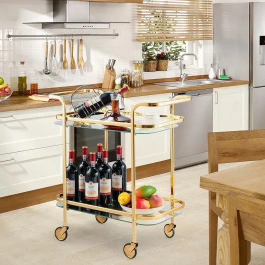 2 Tier Metal Frame Rolling Kitchen Cart with Glass Shelves