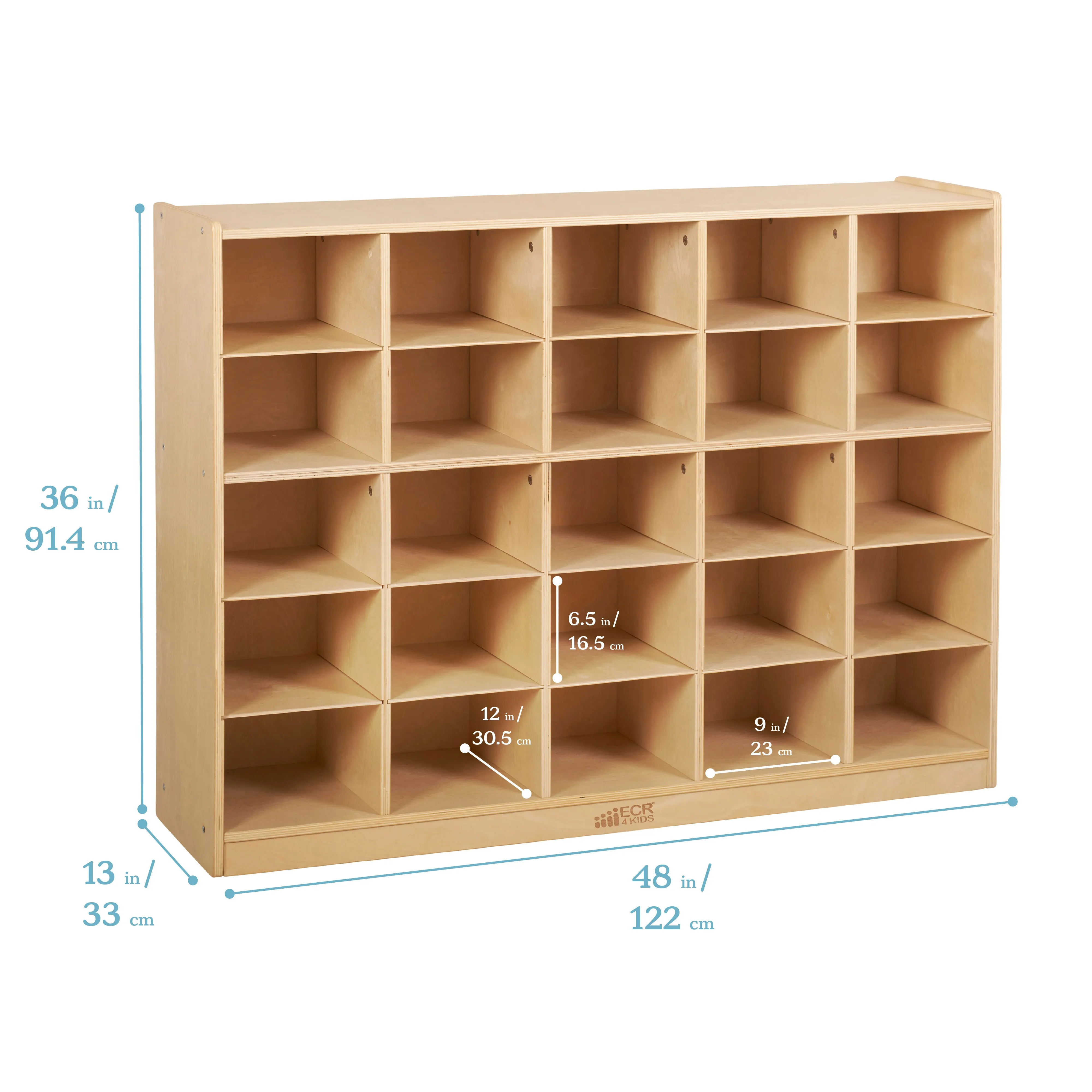 25 Cubby Mobile Tray Cabinet with Scoop Front Storage Bins, Natural, Classroom Furniture