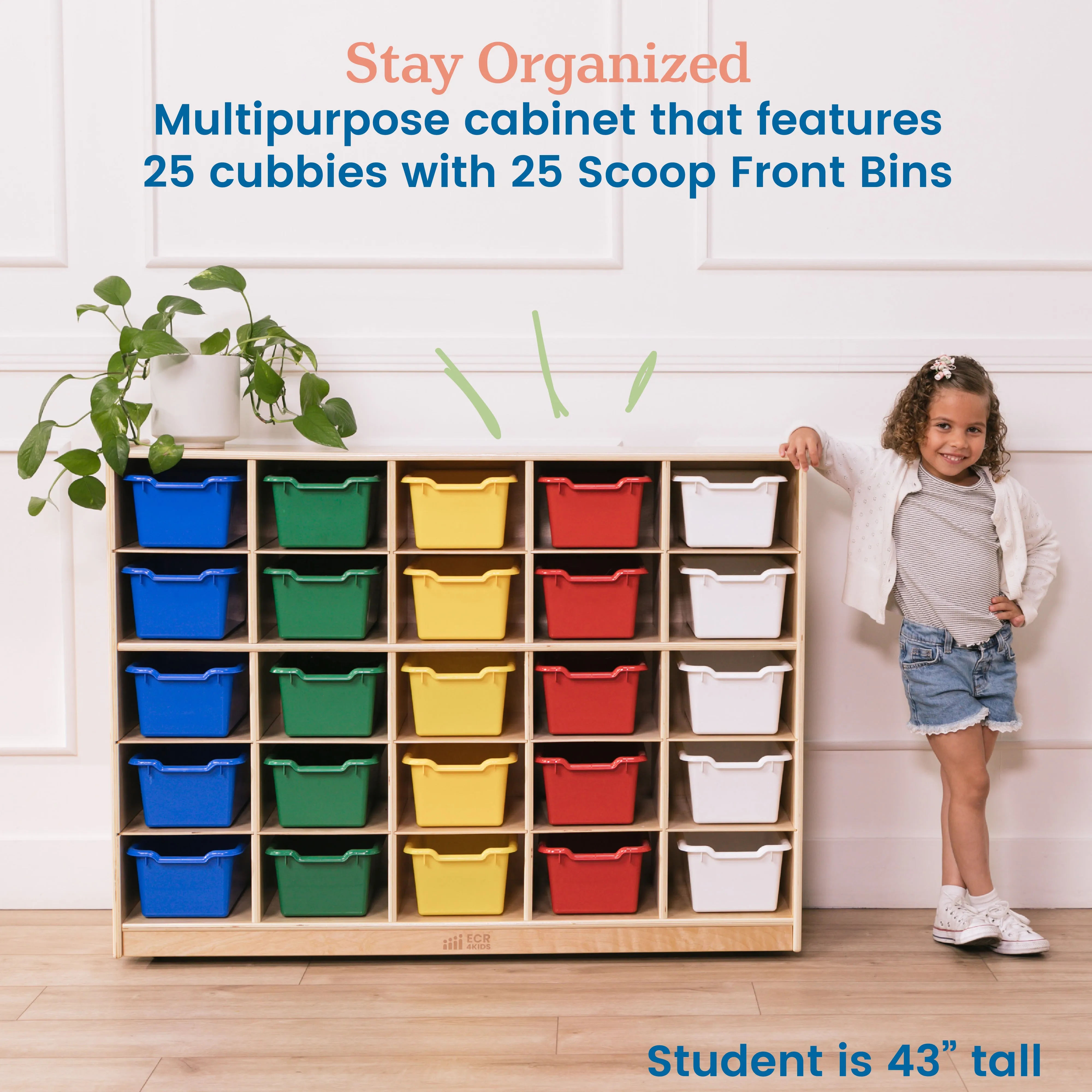 25 Cubby Mobile Tray Cabinet with Scoop Front Storage Bins, Natural, Classroom Furniture