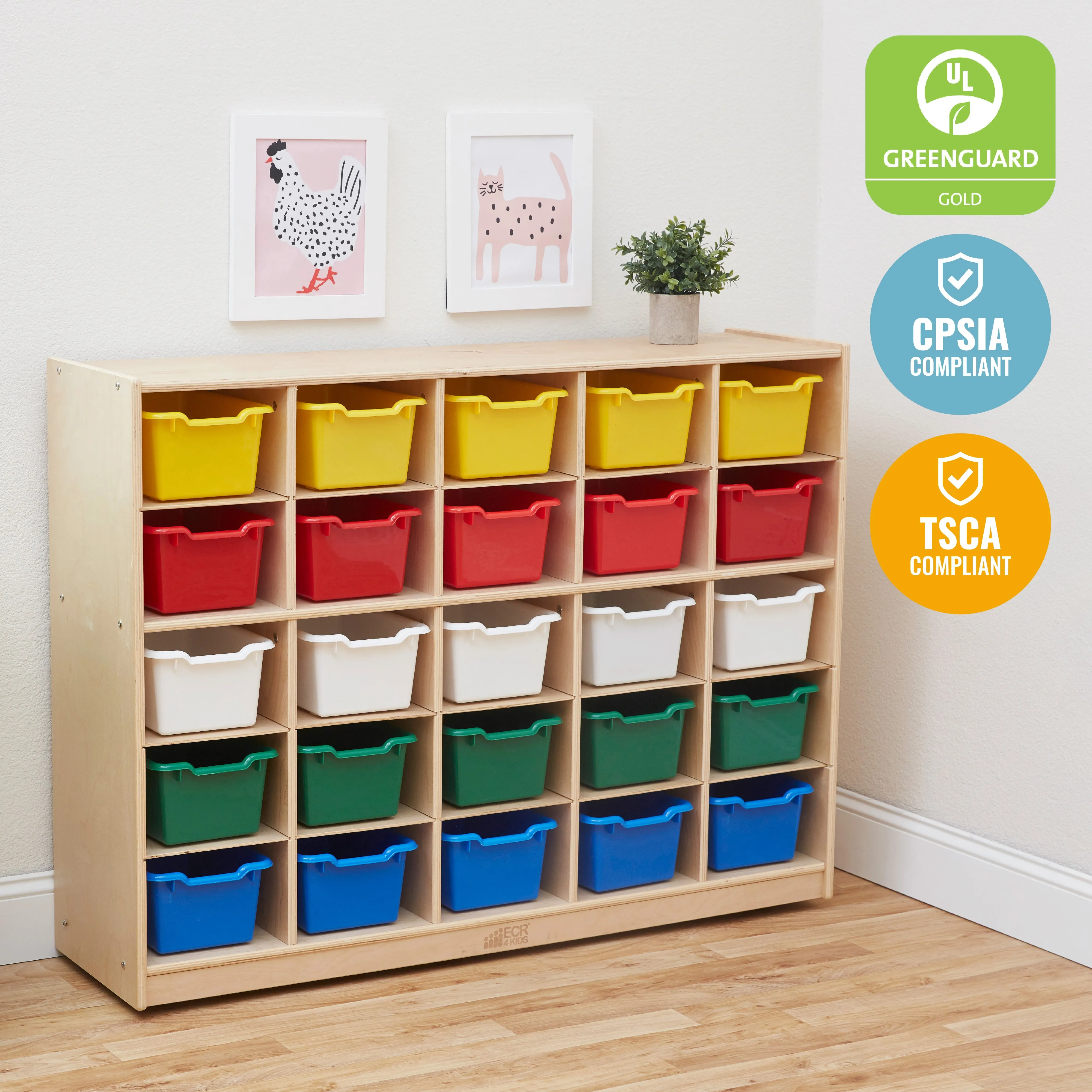 25 Cubby Mobile Tray Cabinet with Scoop Front Storage Bins, Natural, Classroom Furniture