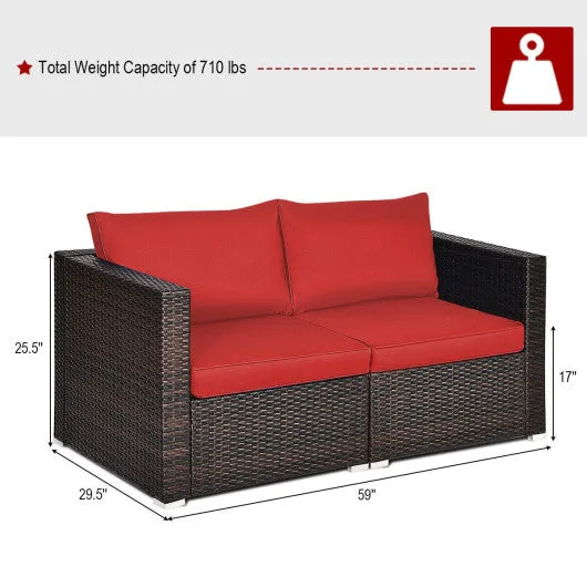 2PCS Patio Rattan Sectional Conversation Sofa Set-Red