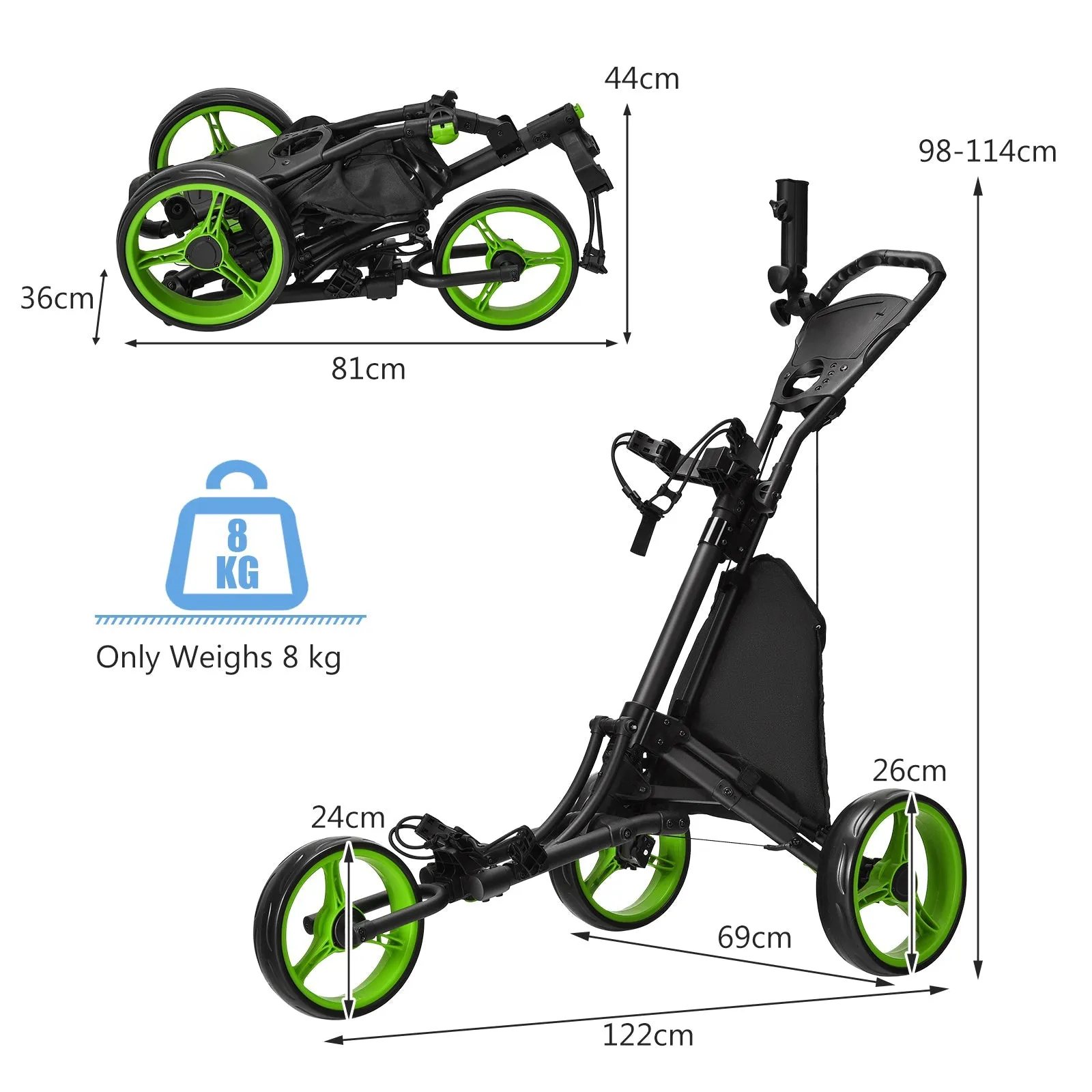 3 Wheel Golf Push Pull Cart with Adjustable Height Handle-Green