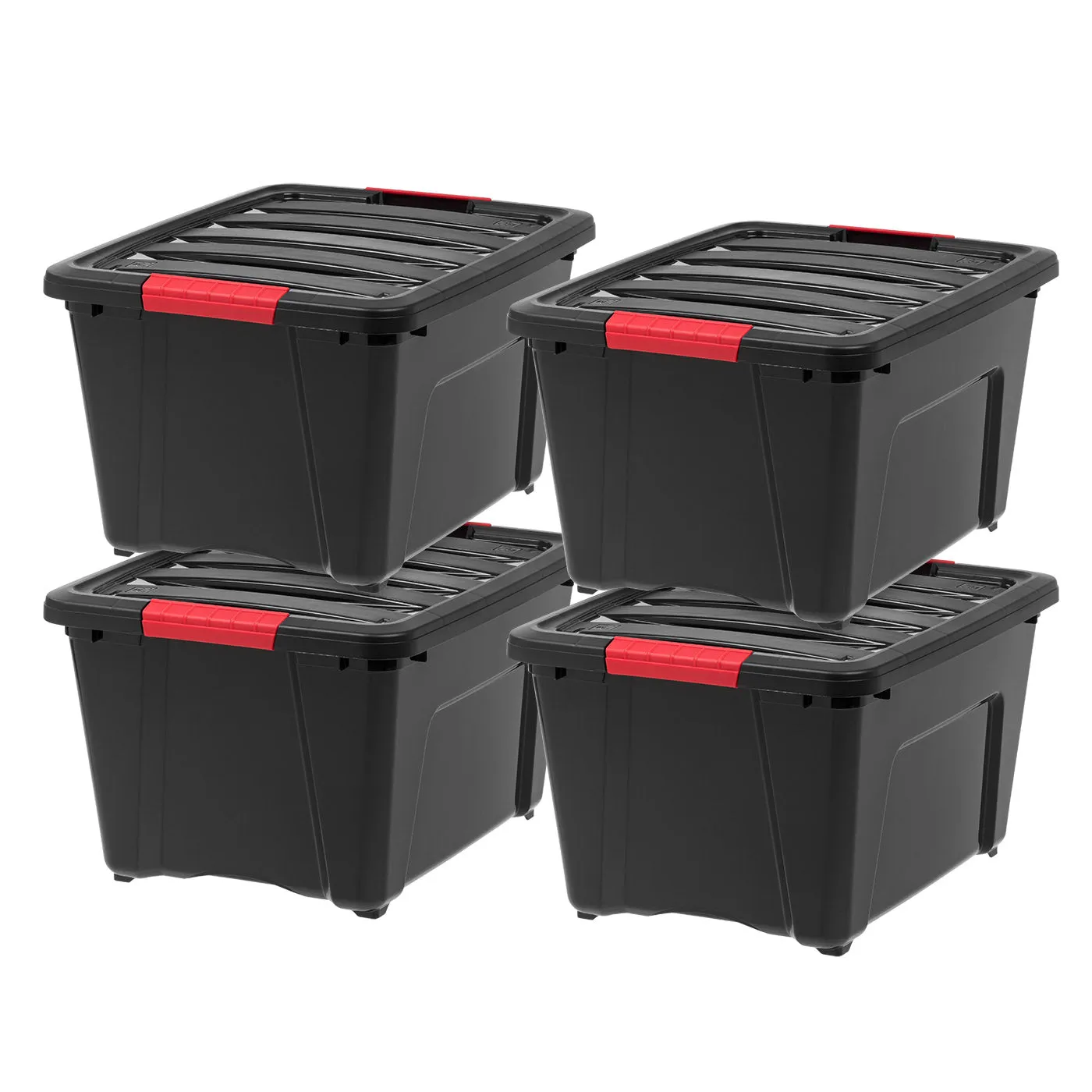 32 Qt. Plastic Storage Bin Tote Organizing Container with Durable Lid and Secure Latching Buckles, Stackable and Nestable, 4 Pack, Black with Red Buckle