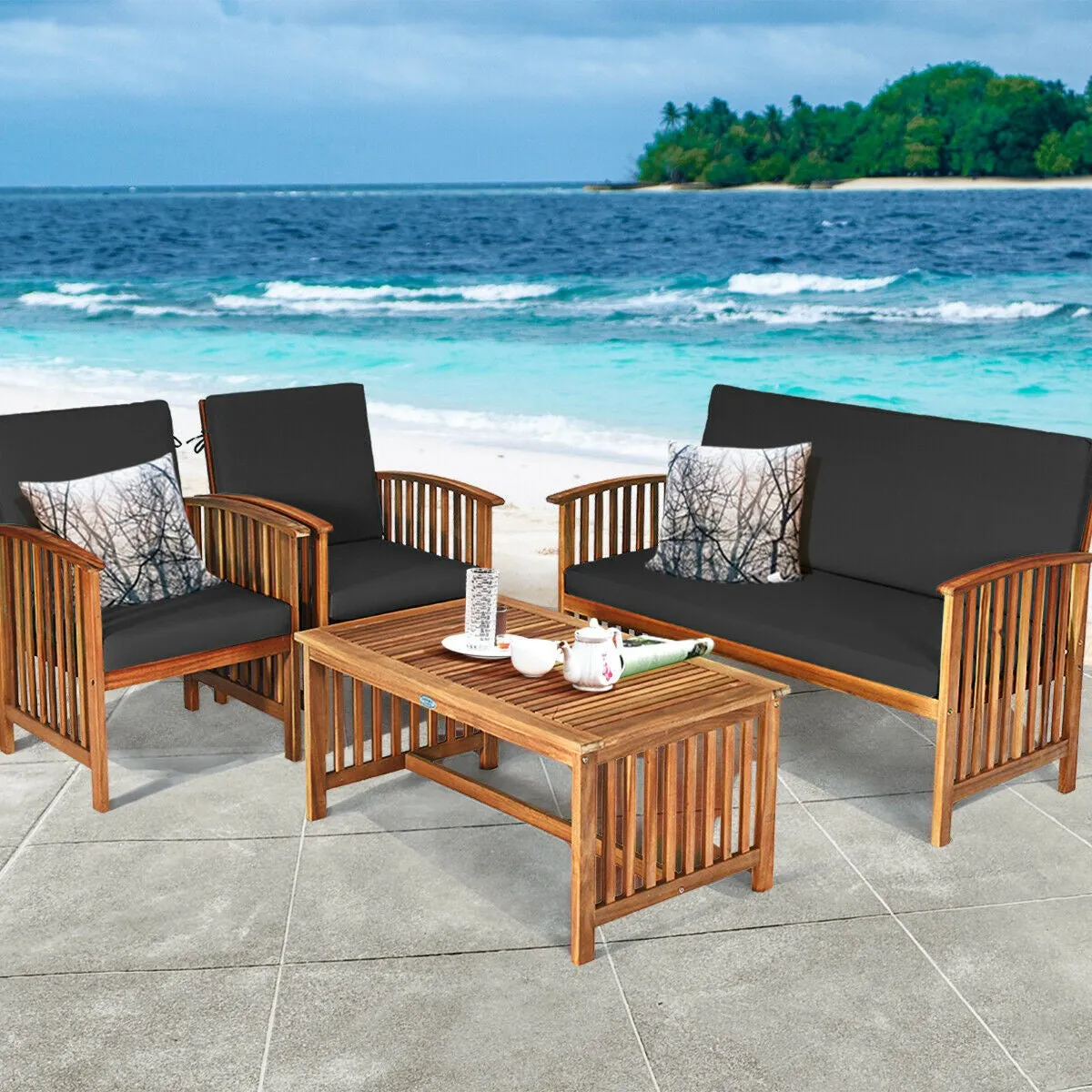 4pc Acacia Wood Patio Furniture Set - Black