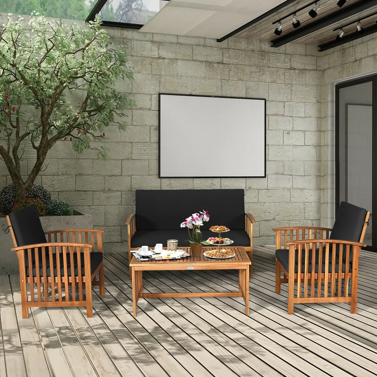 4pc Acacia Wood Patio Furniture Set - Black