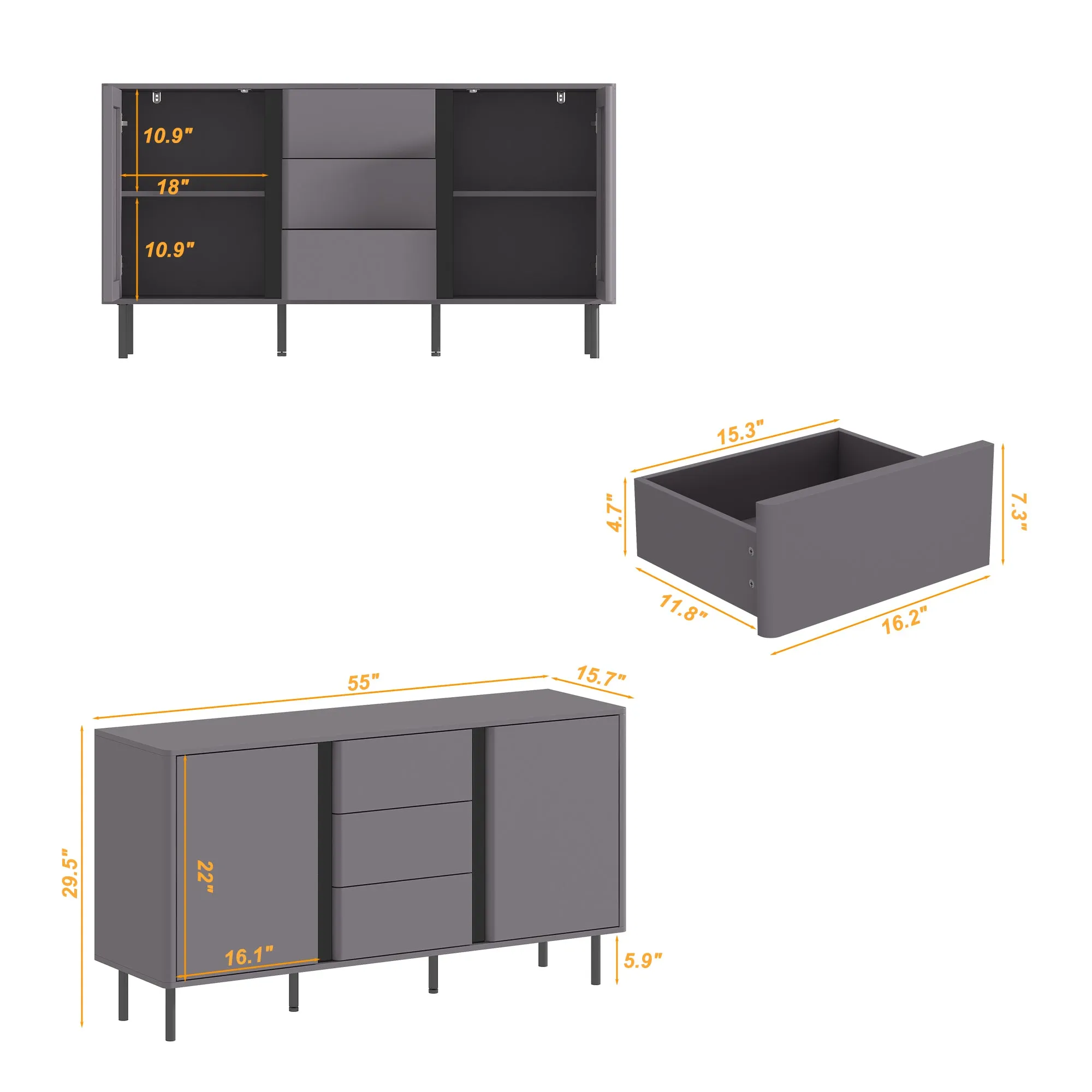 55'' Sideboard With Three Drawers And Two Lockers