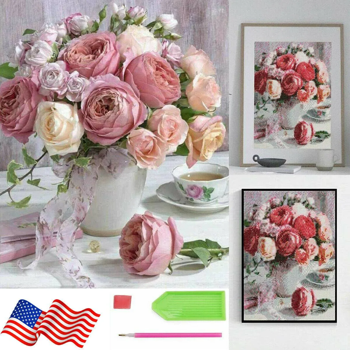 5D Diamond Painting Rose Flowers Cross Stitch Rhinestone DIY Art Decor 12x16in