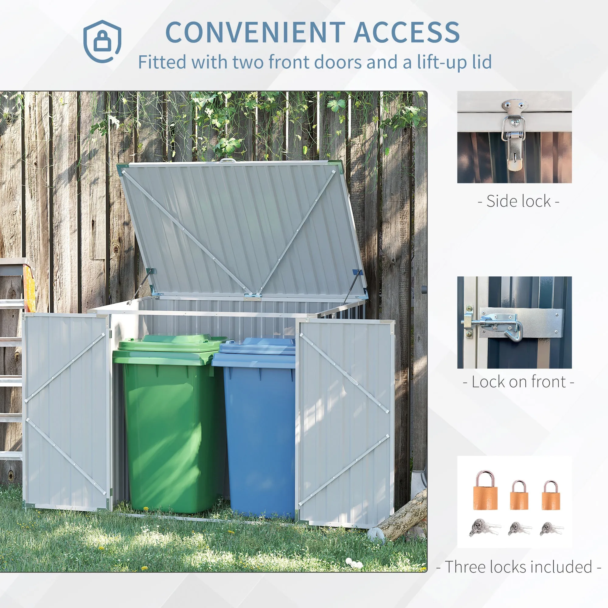 5ft x 3ft Garden 2-Bin Steel Storage Shed, Double Rubbish Storage Shed, Hide Dustbin w/ Locking Doors and Openable Lid