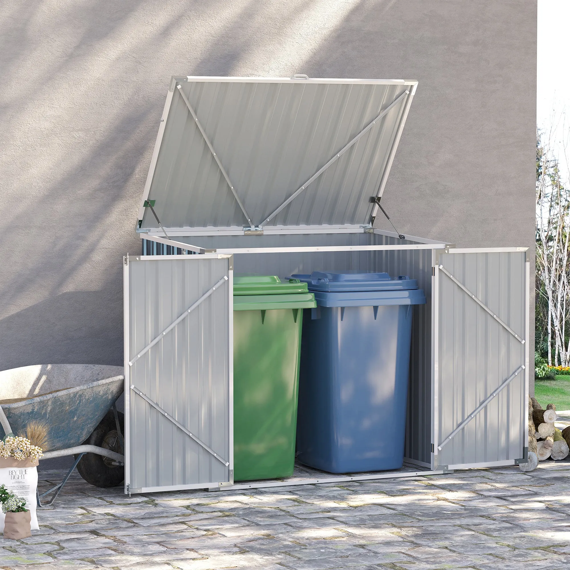 5ft x 3ft Garden 2-Bin Steel Storage Shed, Double Rubbish Storage Shed, Hide Dustbin w/ Locking Doors and Openable Lid