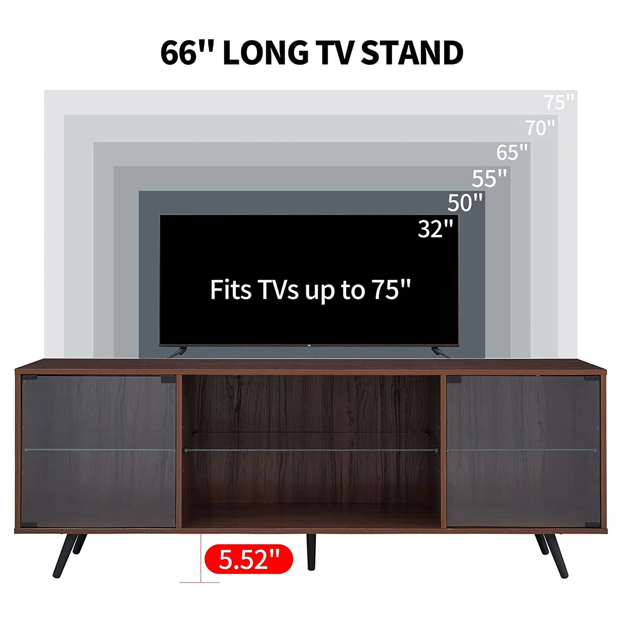 75" TV Stand w/ LED Lights, Shelves & Magnetic Doors, Dark Walnut (Open Box)