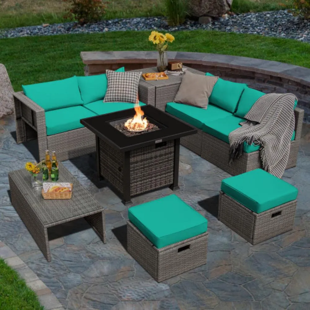 9 Pieces Outdoor Patio Furniture Set with 32-Inch Propane Fire Pit Table-Black