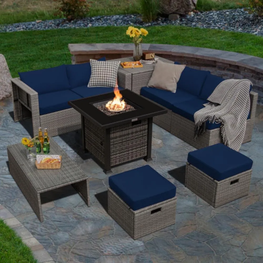 9 Pieces Outdoor Patio Furniture Set with 32-Inch Propane Fire Pit Table-Black