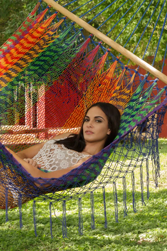 Authentic Mexican Deluxe Outdoor Undercover Cotton Hammock with spreader bars in Mexicana