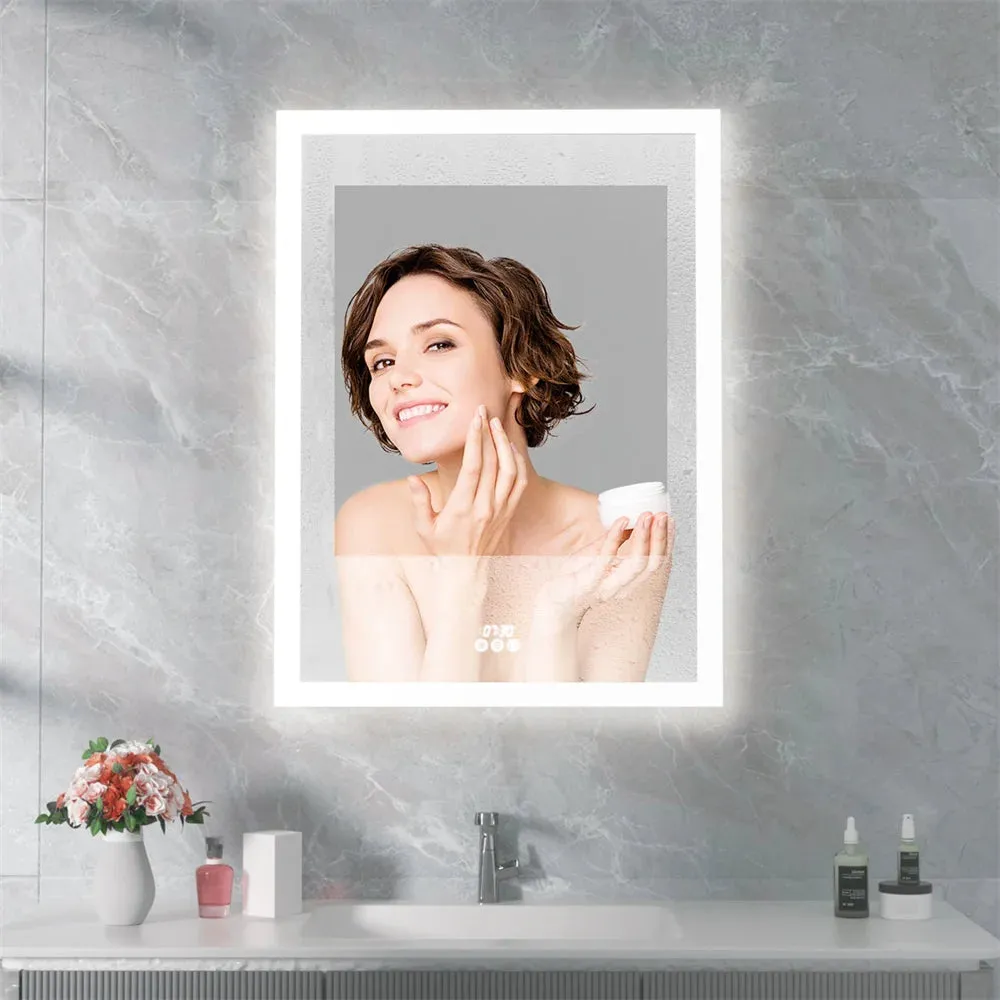 Bathroom Mirror Cabinet Rectangle LED Light Wall Medicine Cabinet with Time Digital Display