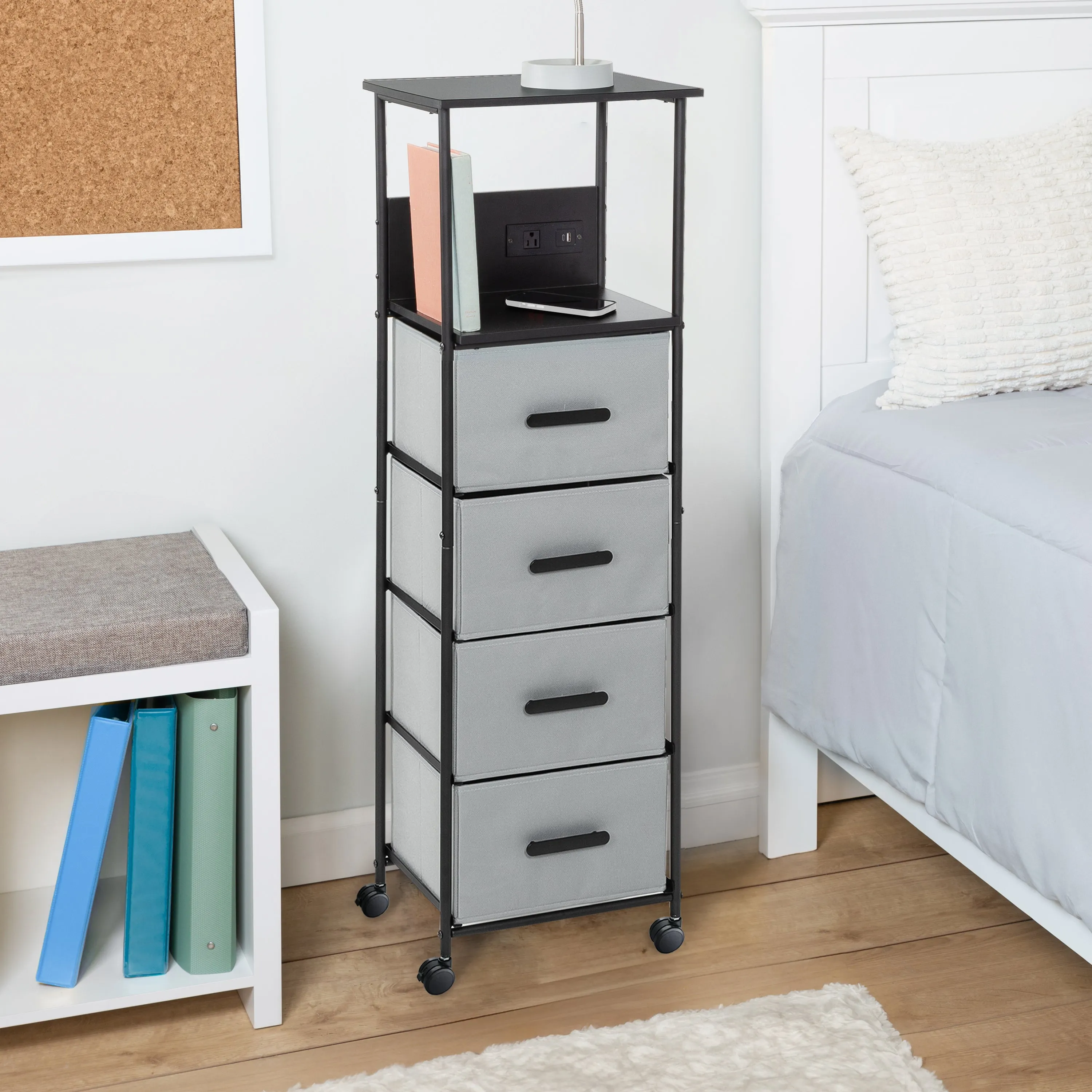 Black/Gray Dorm 4-Drawer Bedside Charging Storage Cart