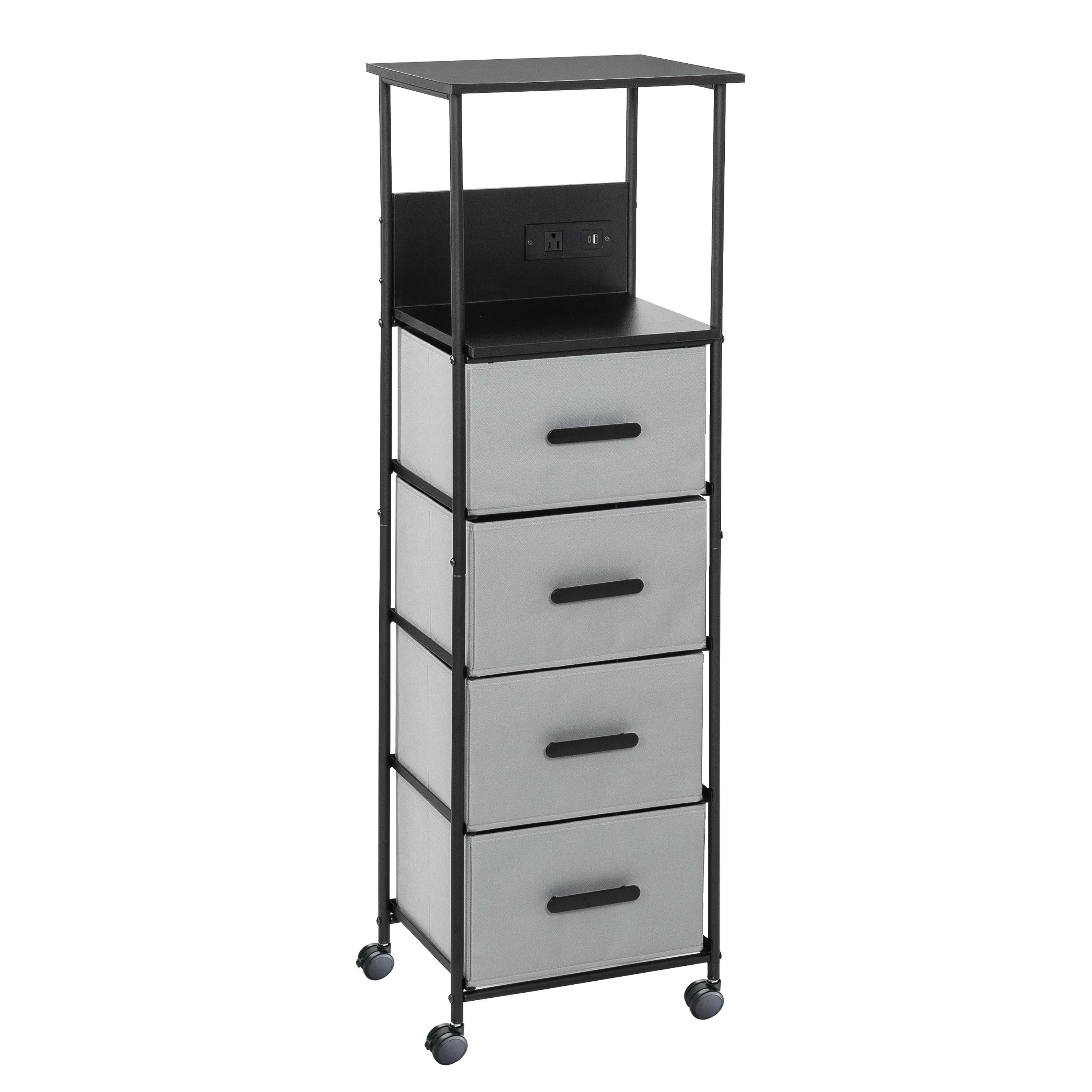 Black/Gray Dorm 4-Drawer Bedside Charging Storage Cart