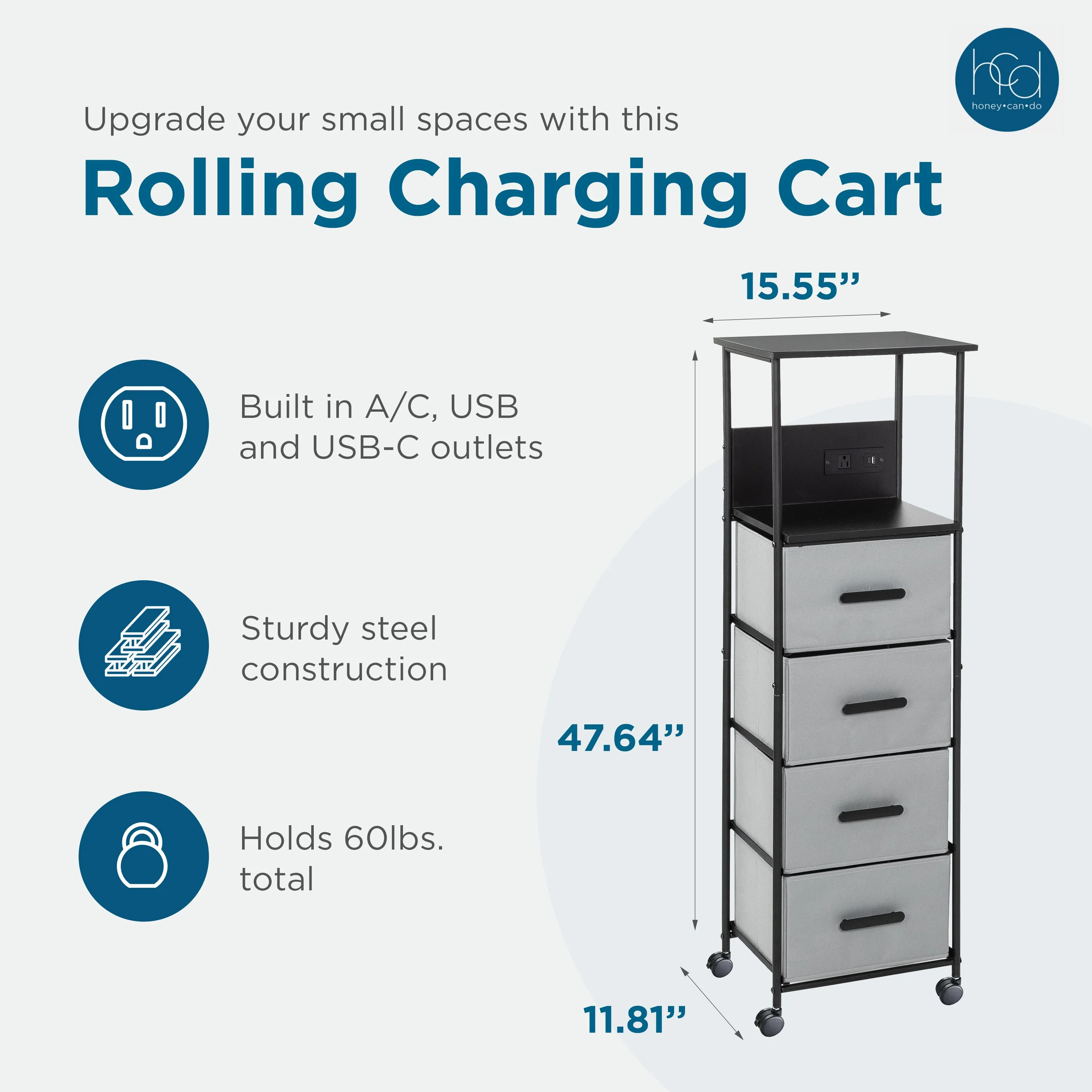 Black/Gray Dorm 4-Drawer Bedside Charging Storage Cart