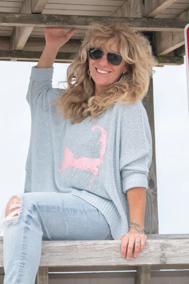 Cape Cod Map Slouch Sweater Light Blue/Pink