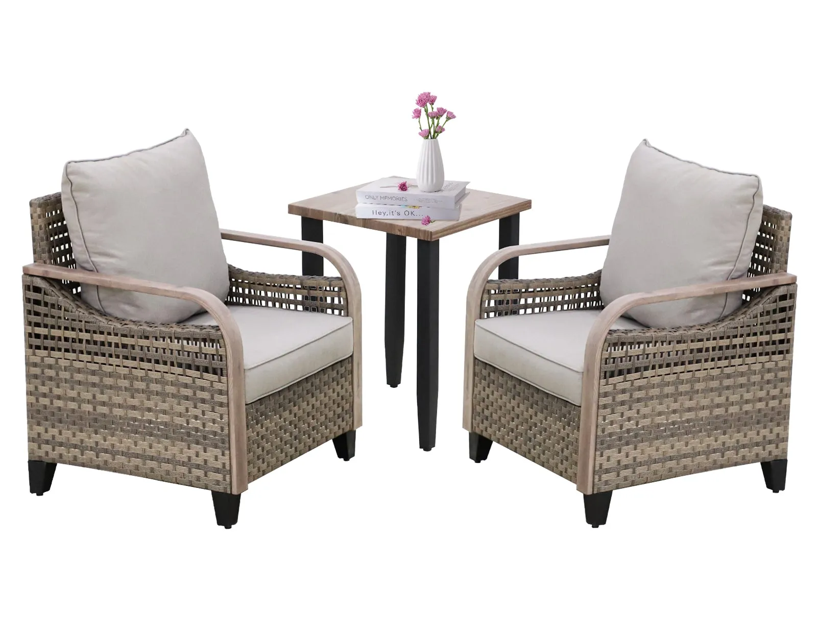 COOS BAY 3 Piece Outdoor Bistro Set, Patio Wicker Bistro Table and Chairs Set of 3, Outdoor Furniture Set w/Wicker Chairs & Side Table, Gray/Brown