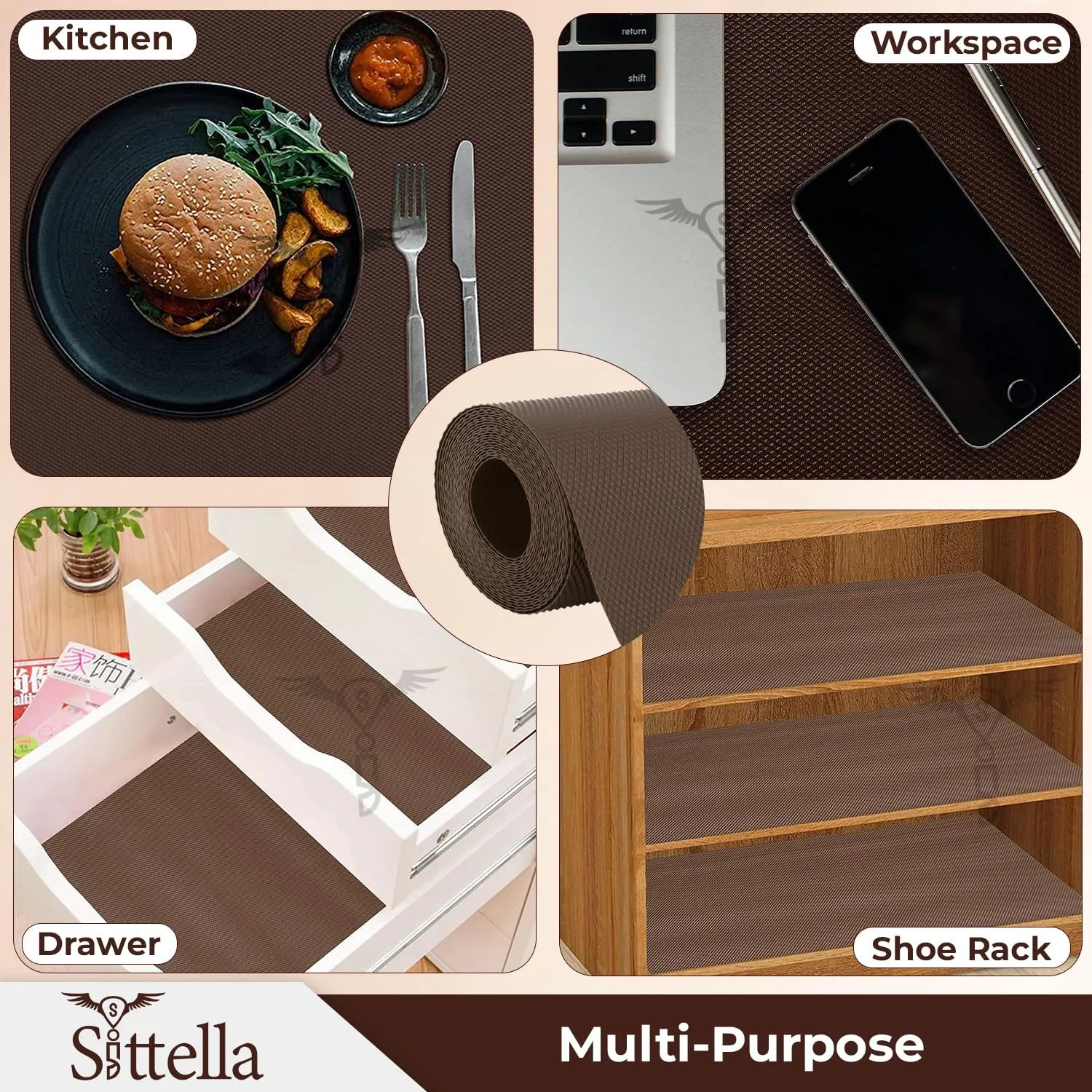 Drawer Mat (45cm X 1.5m) Multi-Purpose EVA Non-Slip Kitchen Drawer Shelf and Cabinet Liners Waterproof Washable Mats Protect Dresser Shelves Cupboard Bathroom Cabinets (Coffee)