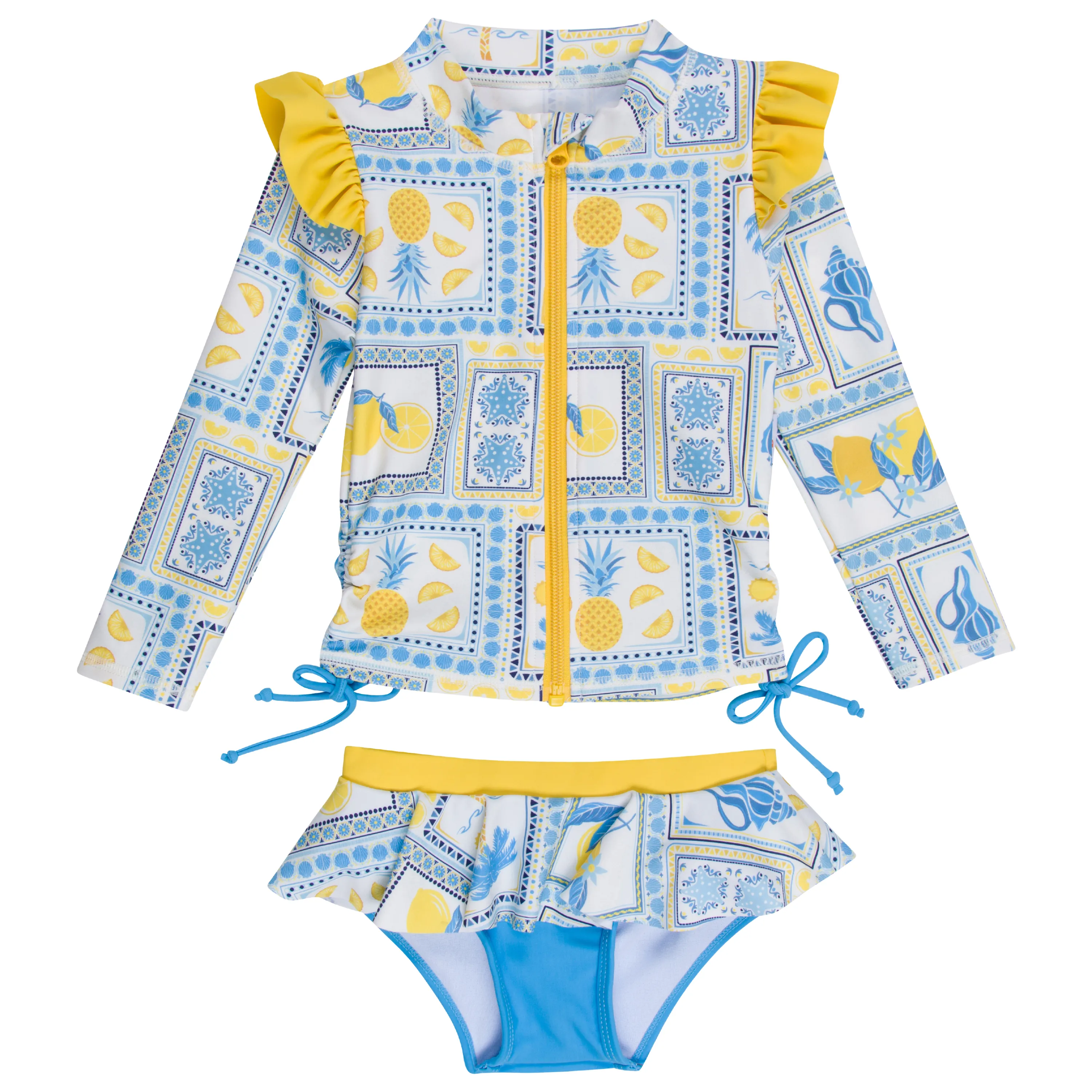 Girls Long Sleeve Rash Guard Ruffle Bottom Swimsuit Set (2 Piece) | "Mediterranean Lemons"