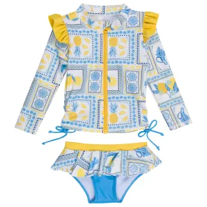 Girls Long Sleeve Rash Guard Ruffle Bottom Swimsuit Set (2 Piece) | "Mediterranean Lemons"