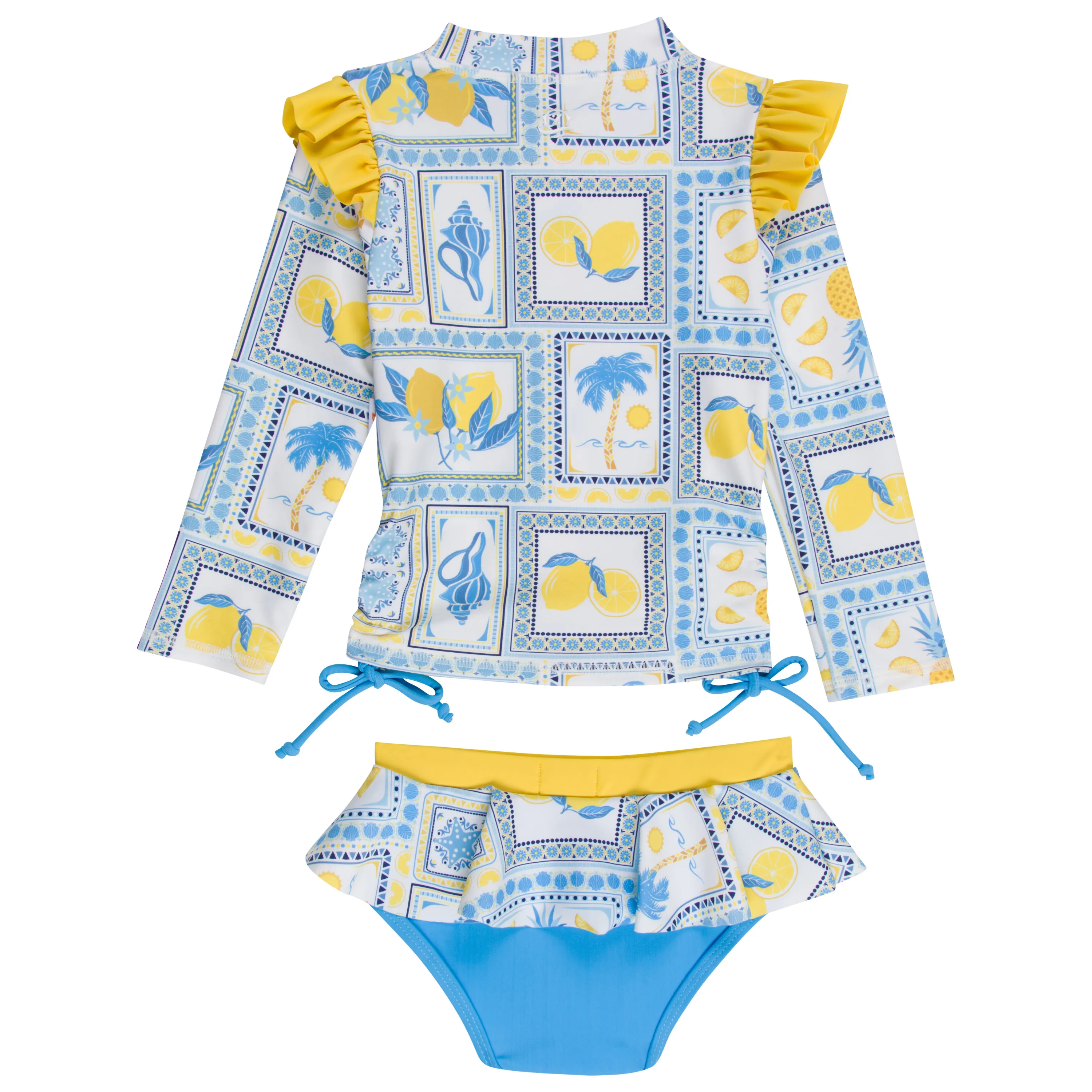 Girls Long Sleeve Rash Guard Ruffle Bottom Swimsuit Set (2 Piece) | "Mediterranean Lemons"