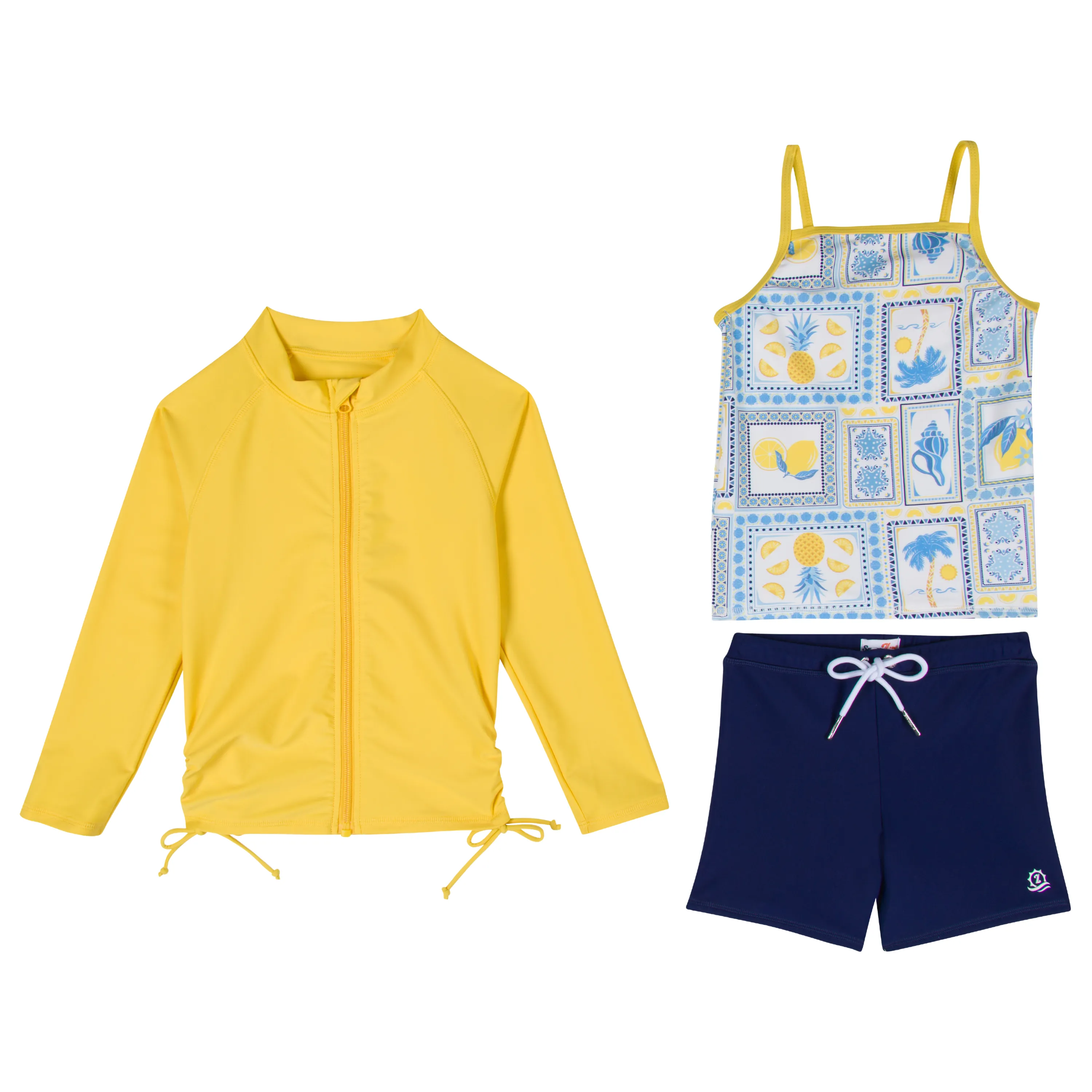 Girls Long Sleeve Rash Guard   Tankini Shorts Set (3 Piece) | "Mediterranean Lemons"