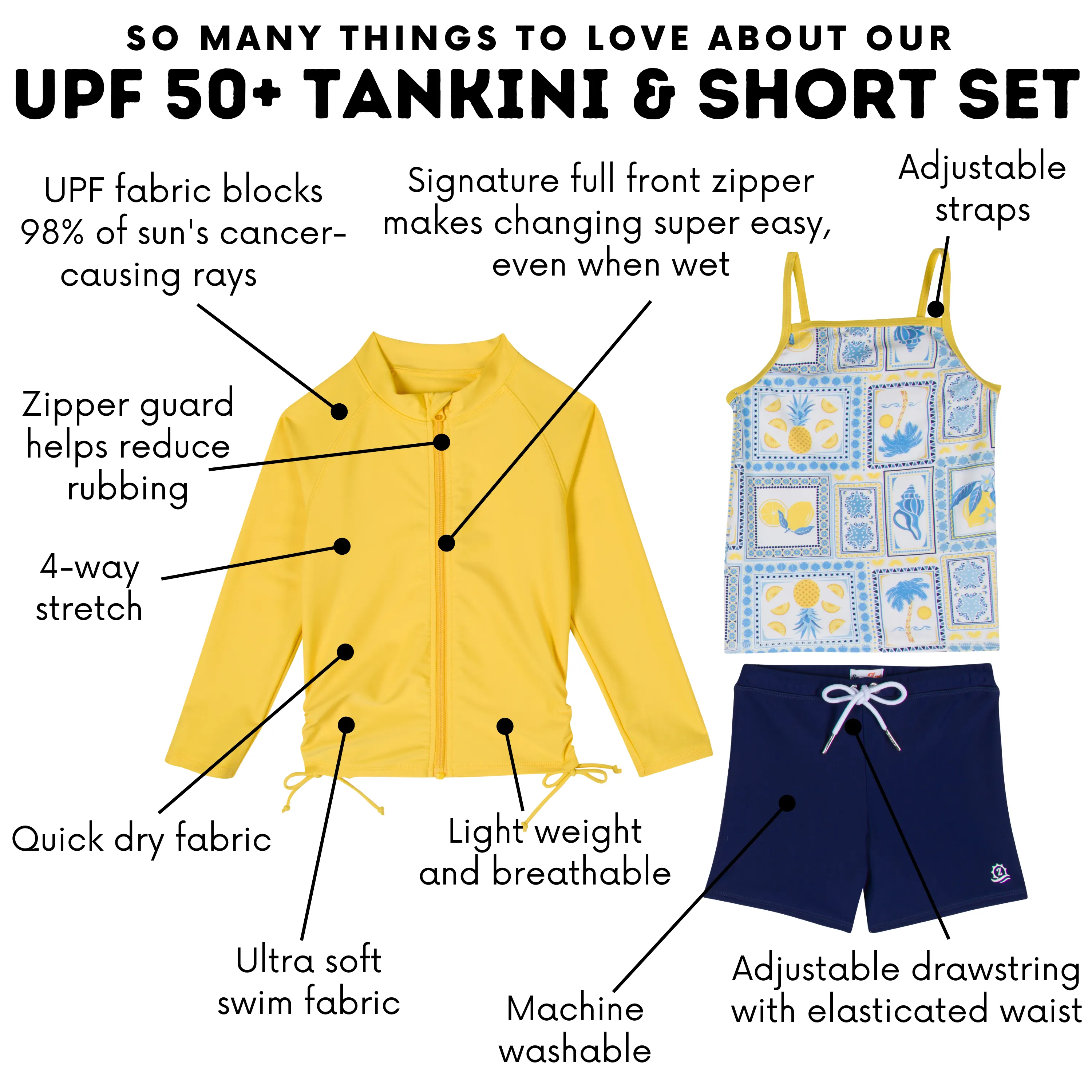 Girls Long Sleeve Rash Guard   Tankini Shorts Set (3 Piece) | "Mediterranean Lemons"