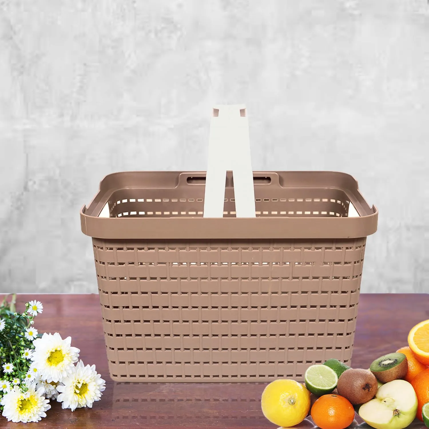 Heart Home Basket | Plastic Storage Basket for Fruits | Storage Basket for Picnic | Storage Basket for Kitchen | Stationery Storage Basket | FLORA-222 | Pack of 2 | Coffee