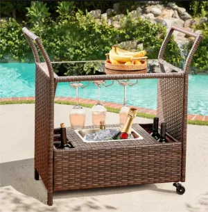 Homrest Outdoor Wicker Bar Cart with Removable Ice Bucket and Wheels, Brown