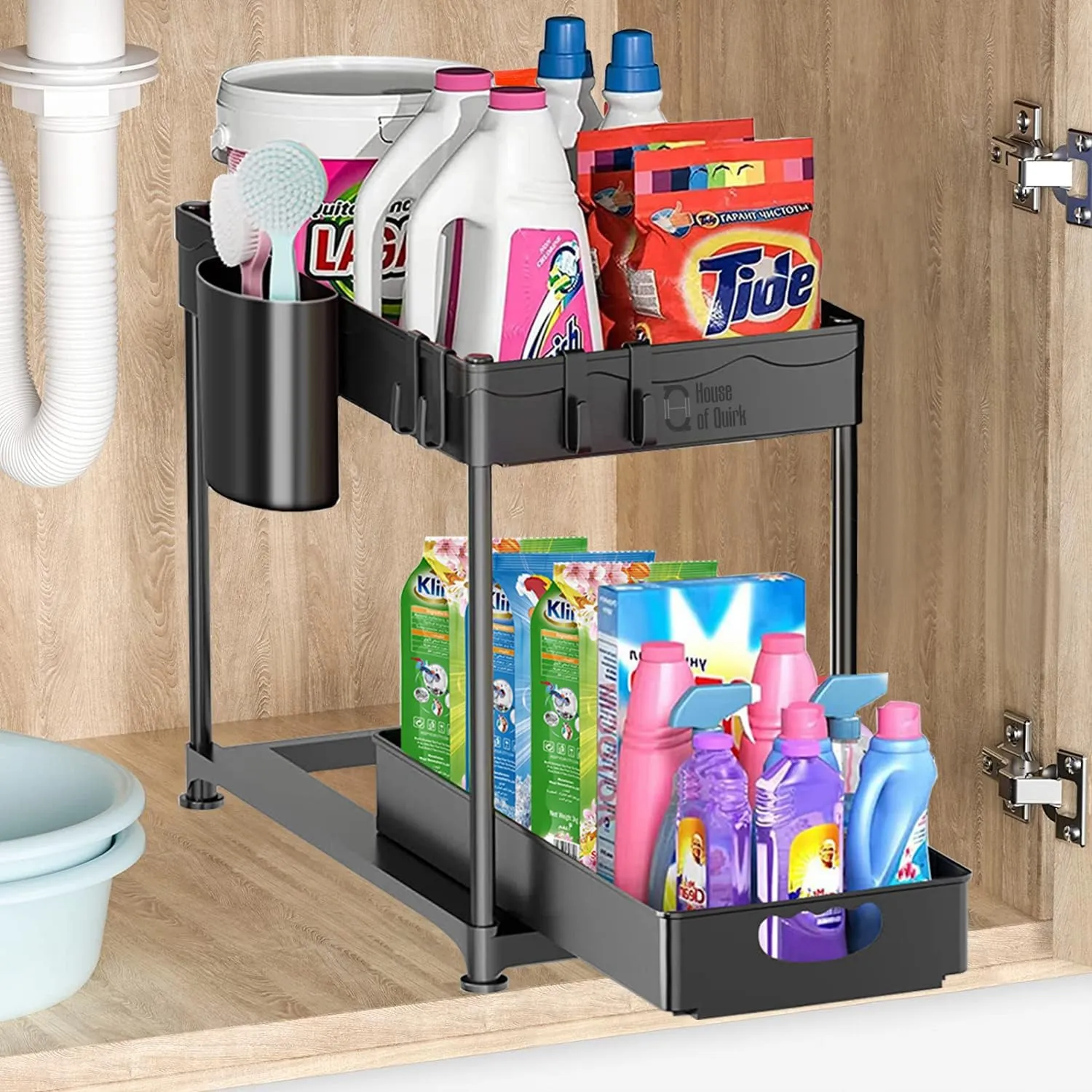 House of Quirk Plastic Under Sliding Cabinet Rectangular Shape Basket Organizer,2 Tier Storage Under Cabinet Bathroom Under Sink Organizers And Storage Under Sink Storage For Bathroom Kitchen (Black)