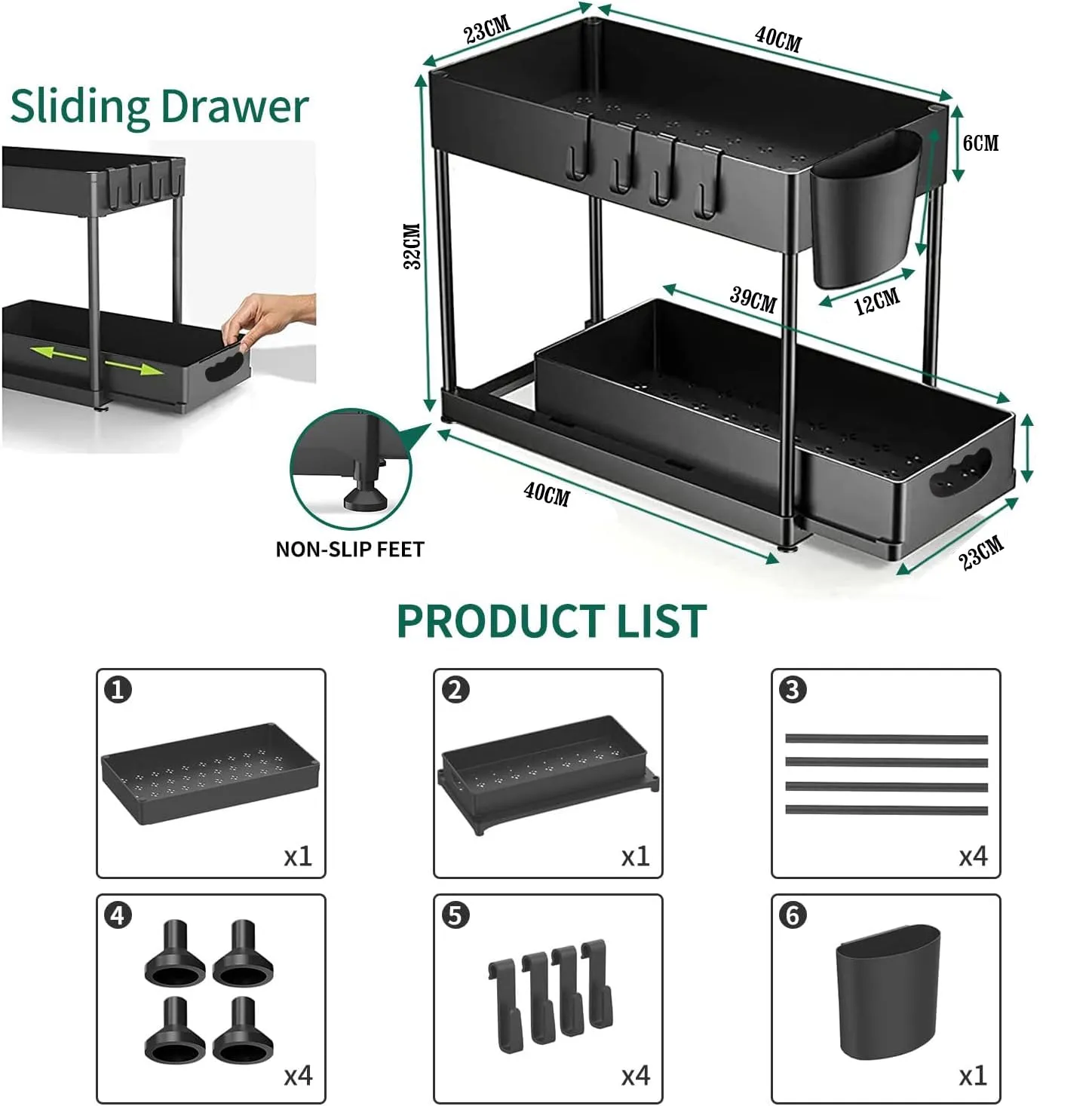 House of Quirk Plastic Under Sliding Cabinet Rectangular Shape Basket Organizer,2 Tier Storage Under Cabinet Bathroom Under Sink Organizers And Storage Under Sink Storage For Bathroom Kitchen (Black)