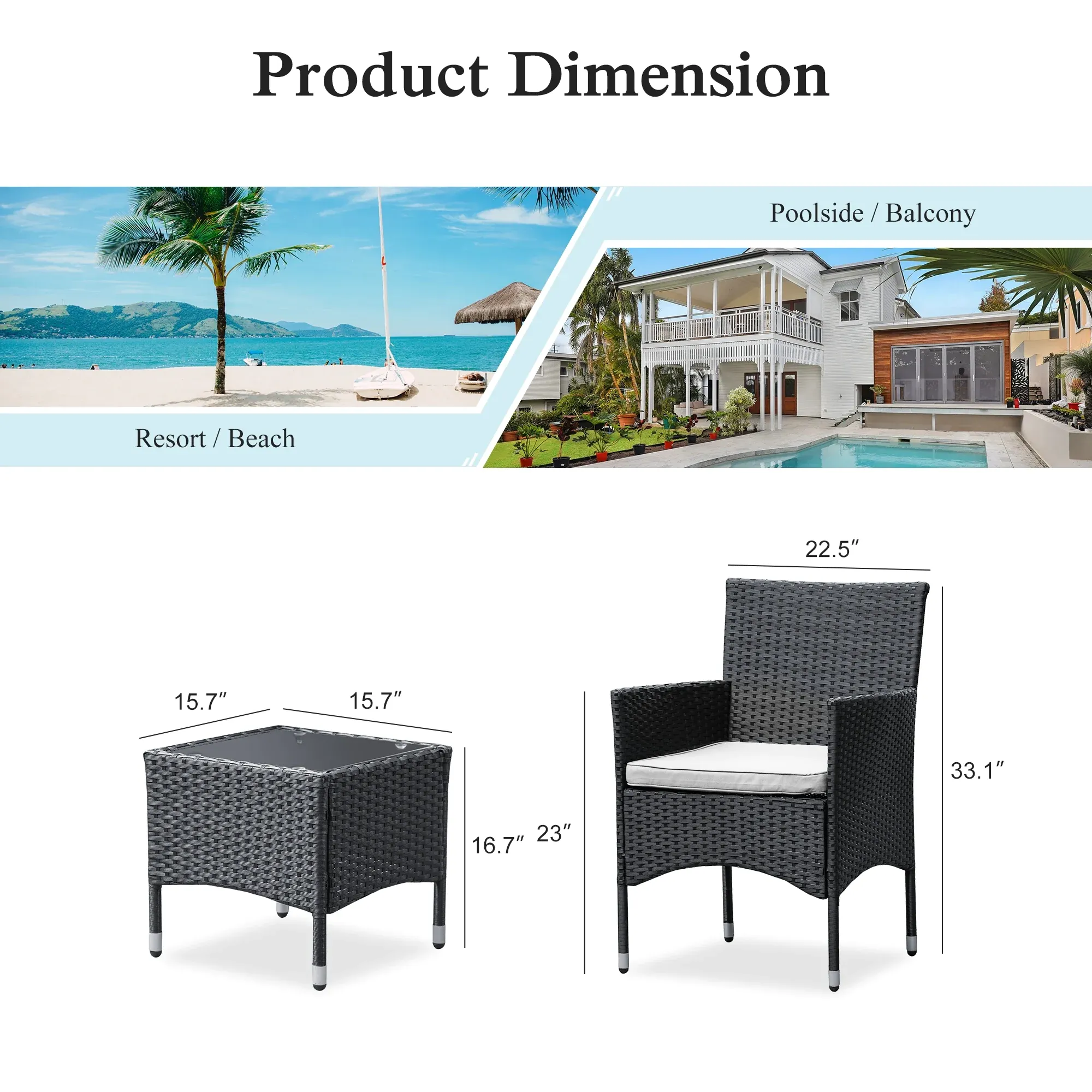 Itlaye Outdoor Patio Seating Set 2 Chairs and 1 Table Set (Black)