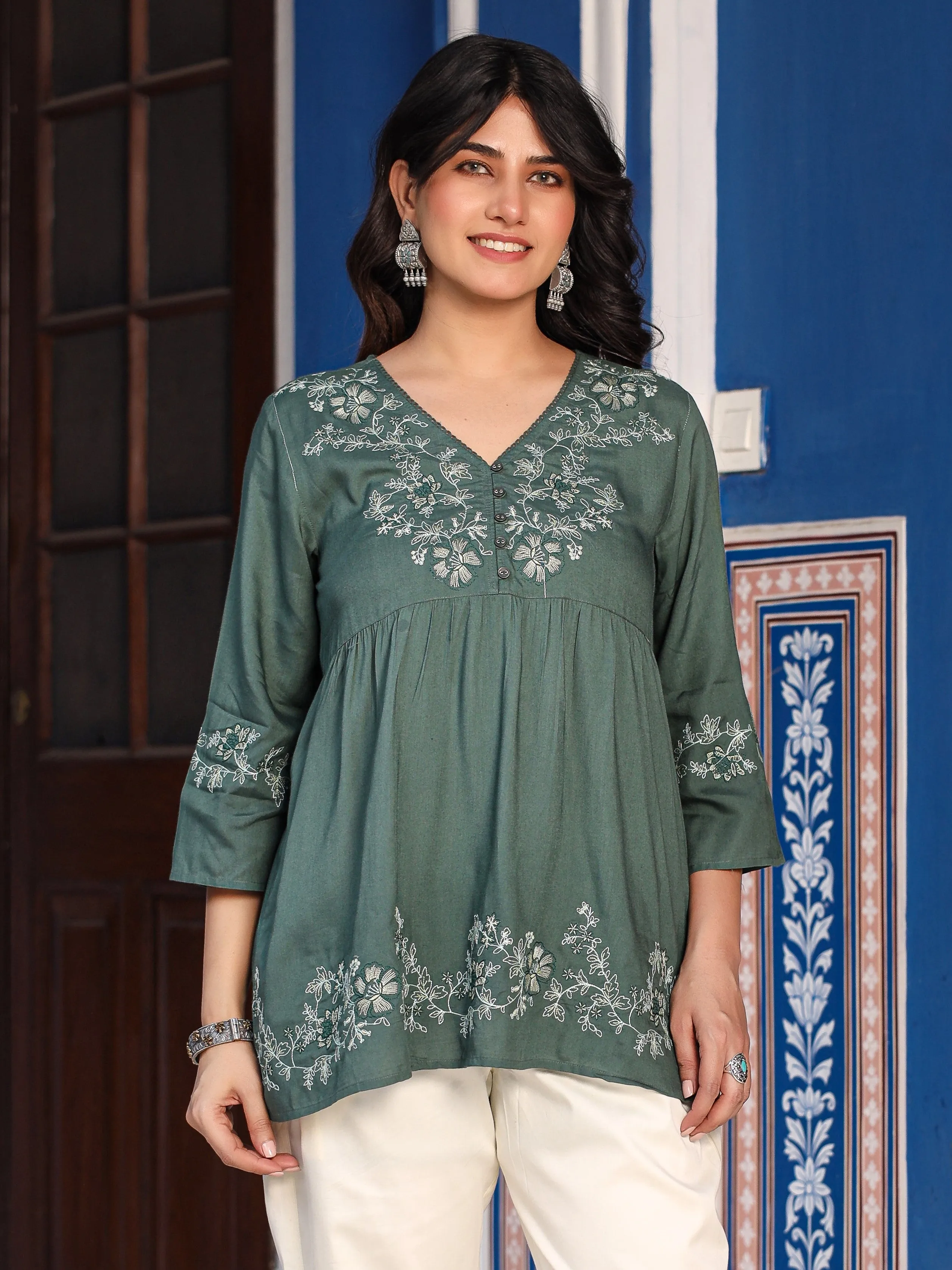 Jashvi Green Modal Rayon Alia-Cut Embroidered Tunic