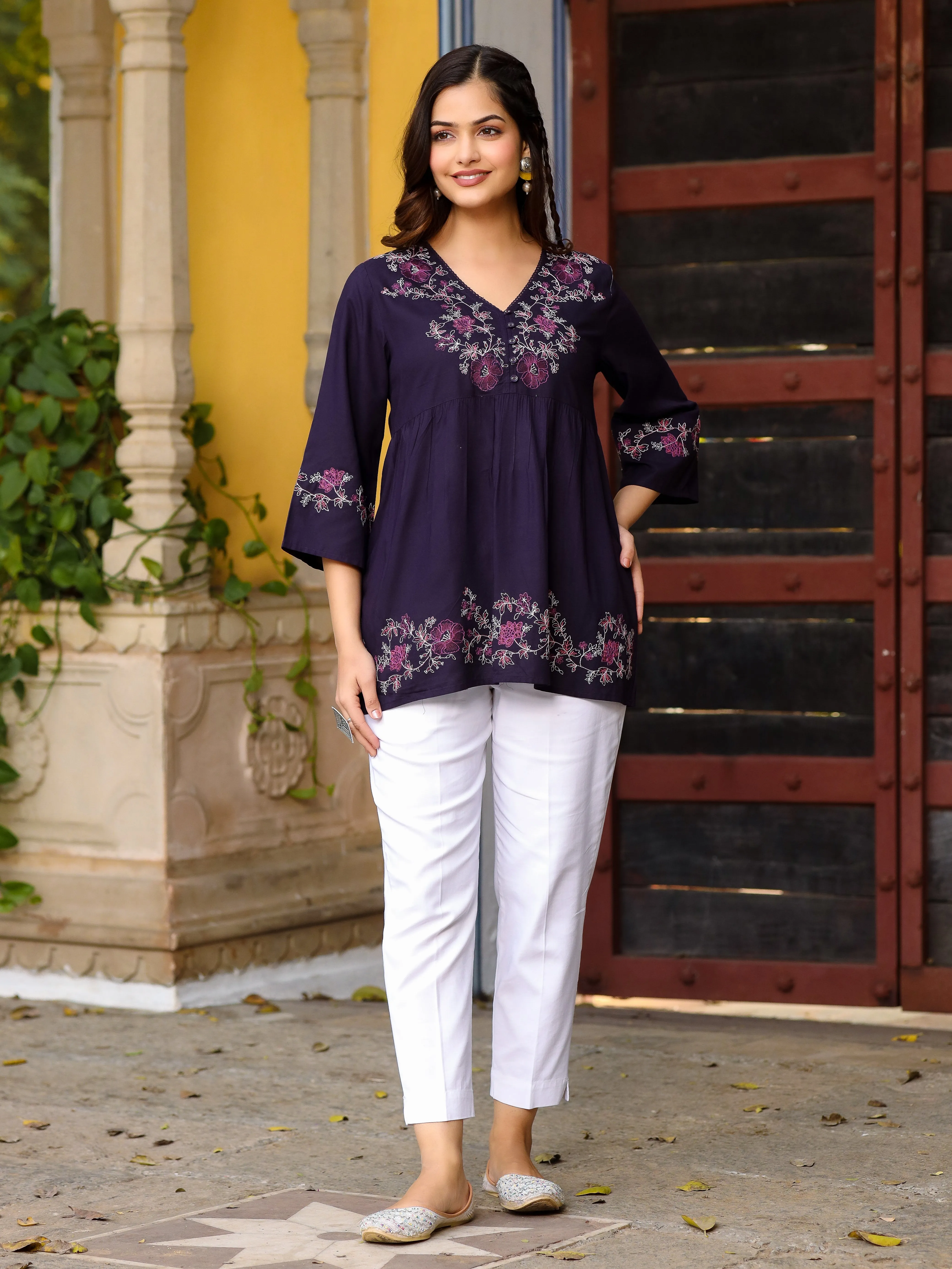 Jashvi Purple Modal Rayon Alia-Cut Embroidered Tunic