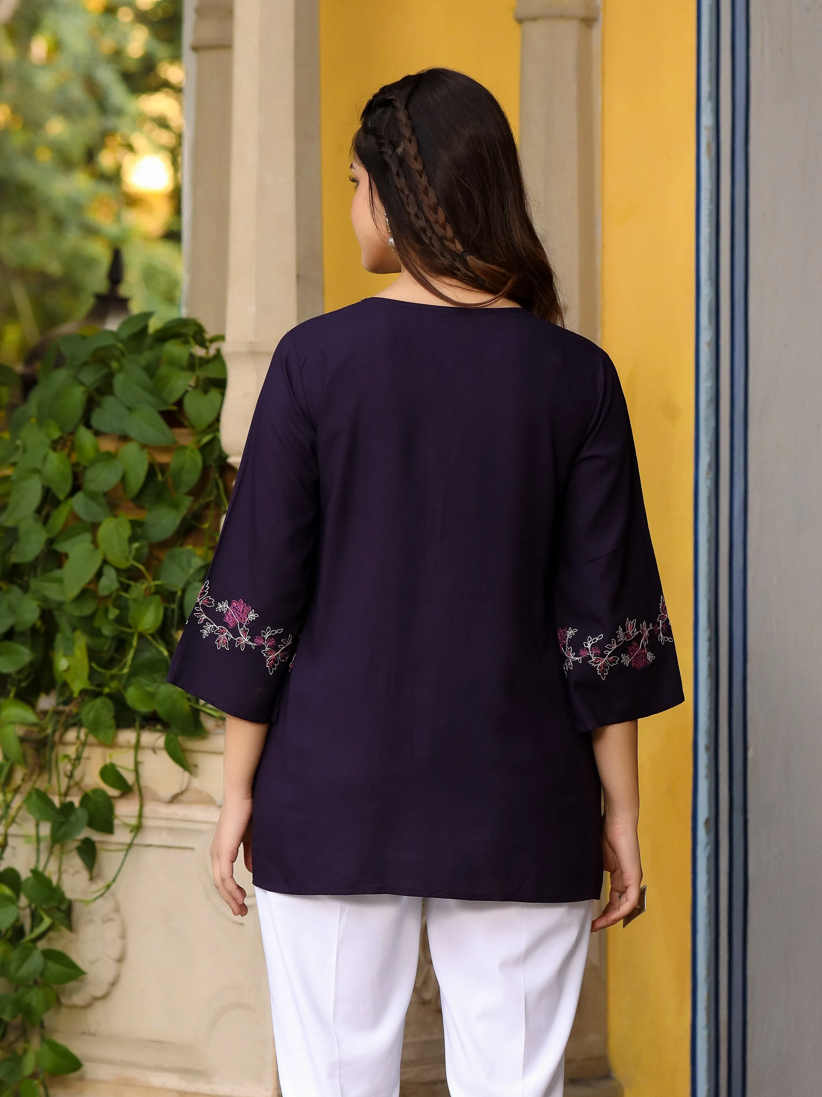 Jashvi Purple Modal Rayon Alia-Cut Embroidered Tunic