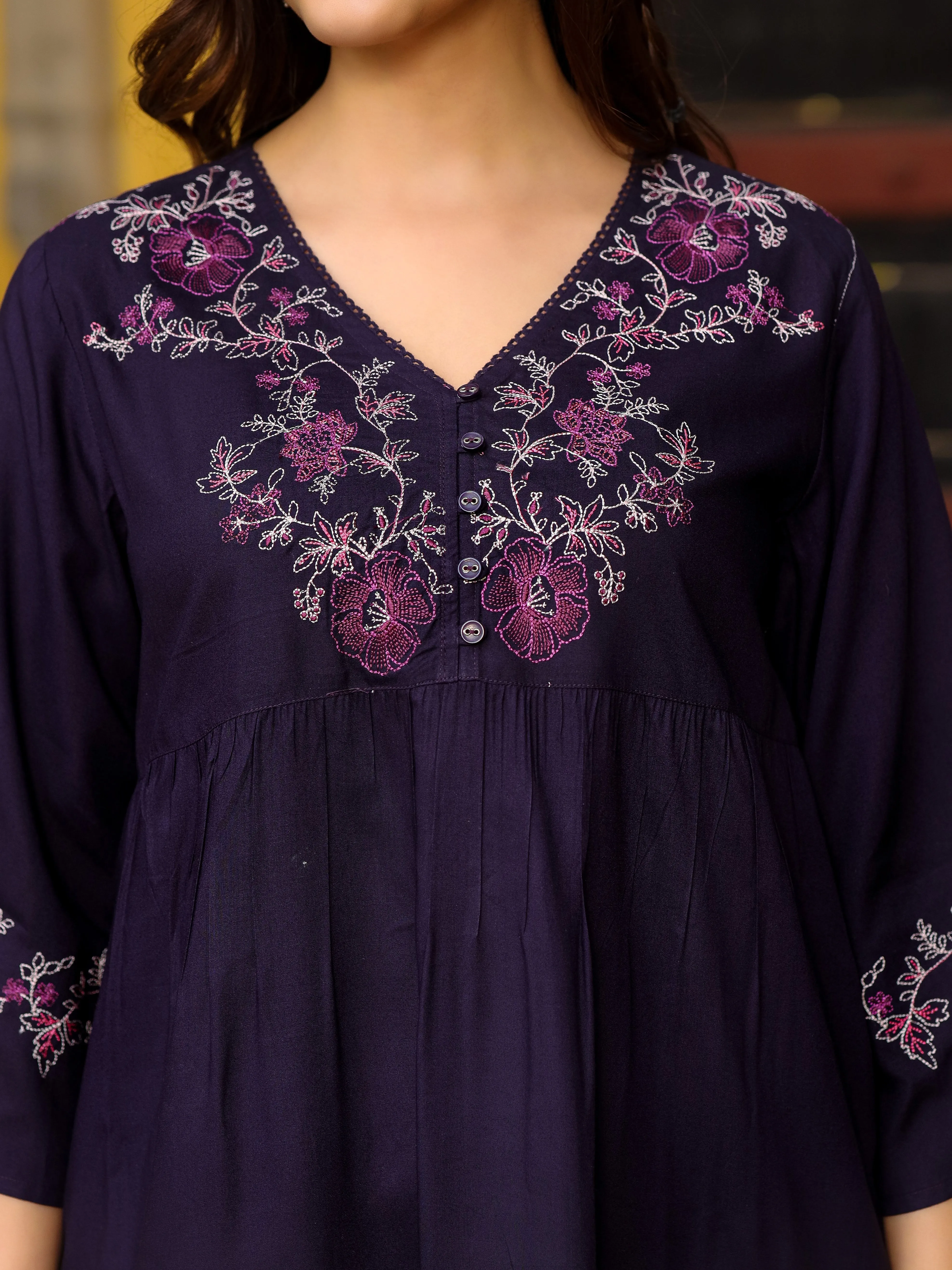 Jashvi Purple Modal Rayon Alia-Cut Embroidered Tunic