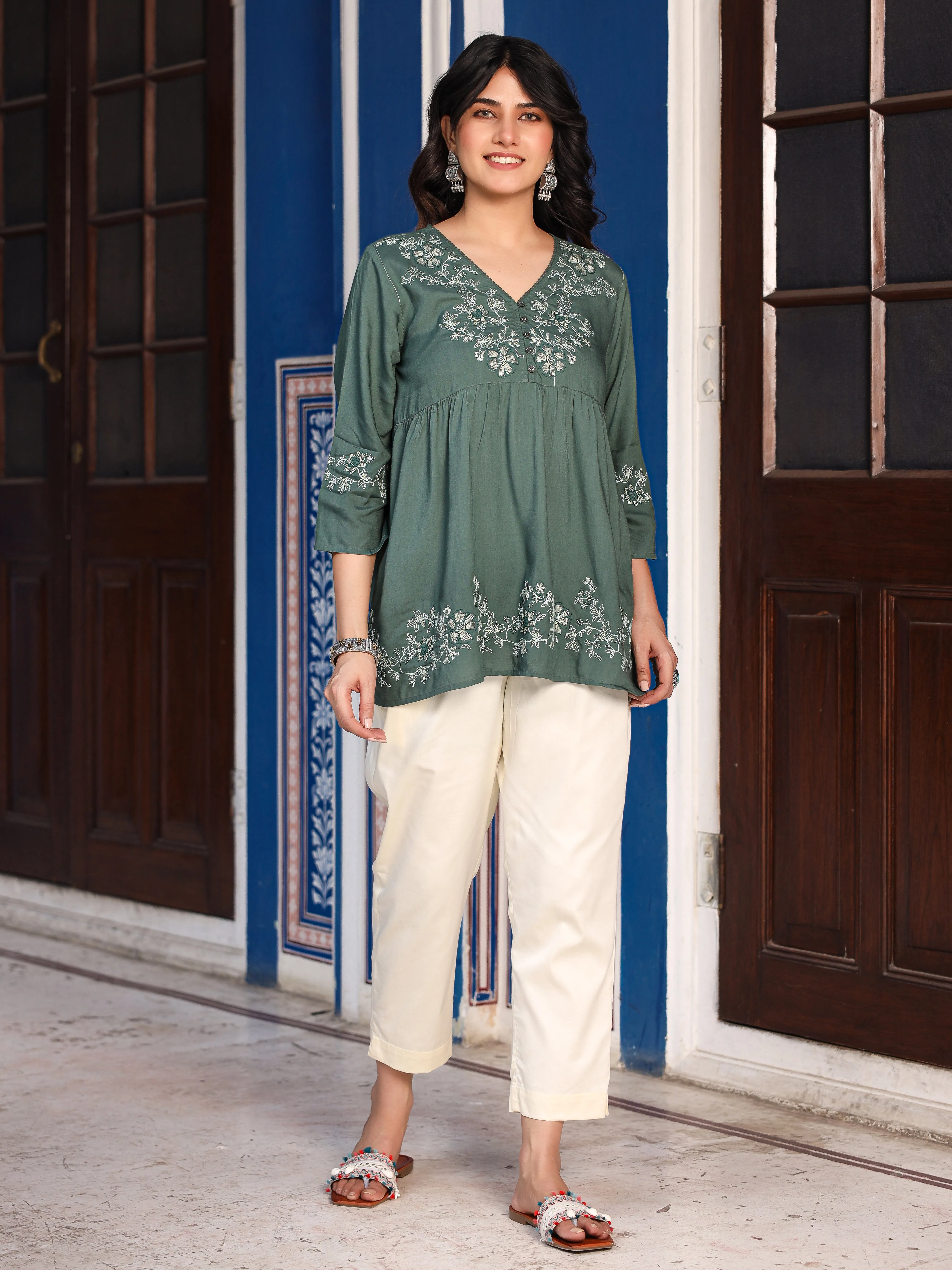 Juniper Green Modal Rayon Alia-Cut Embroidered Tunic